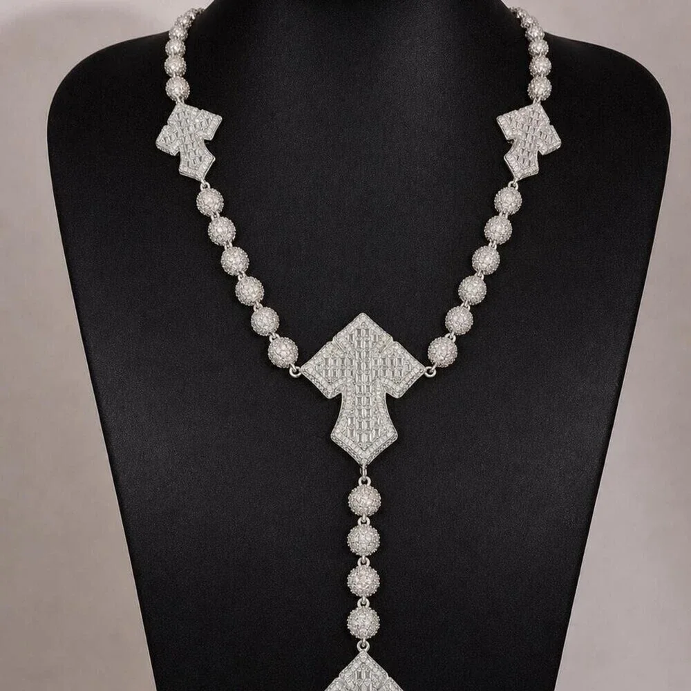 Iced Out Triple Cross Rosary 16inch